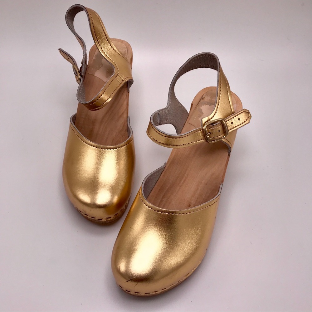 Vintage gold wooden clogs